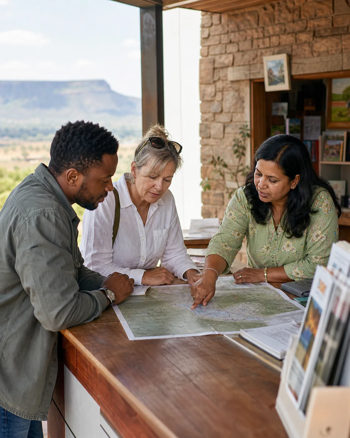 Three people planning a route together around a map