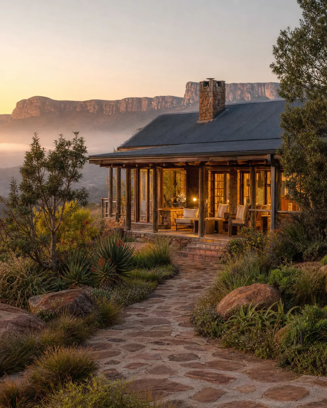 A stone lodge glowing at sunset beneath a mountain ridge