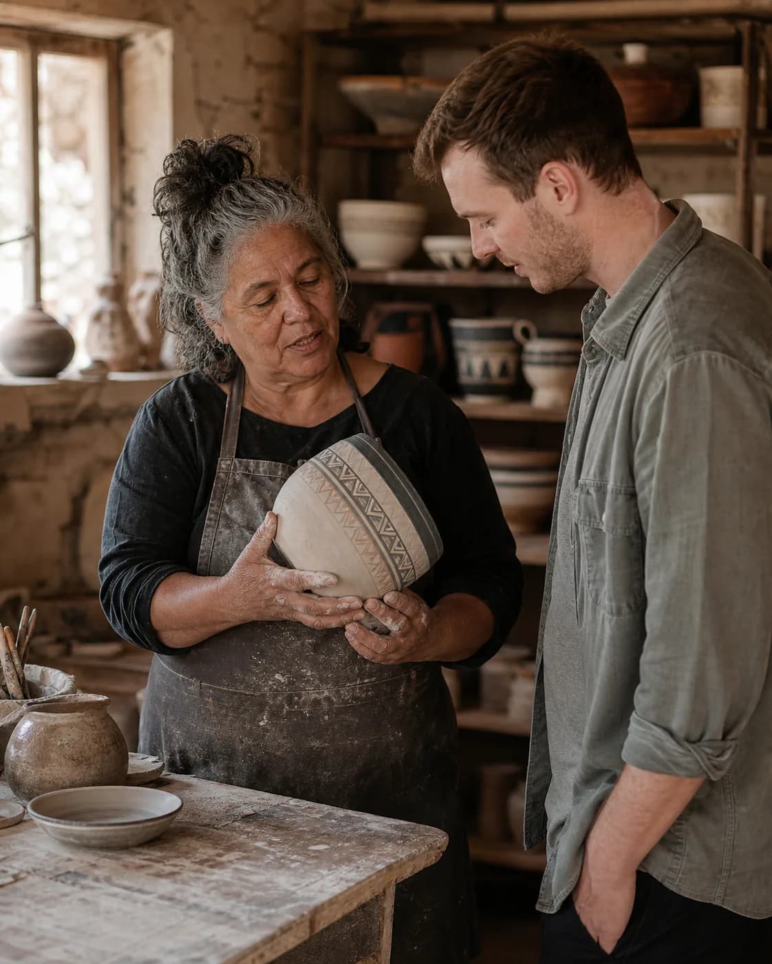 A local ceramic artist showing a handcrafted vessel to a visitor