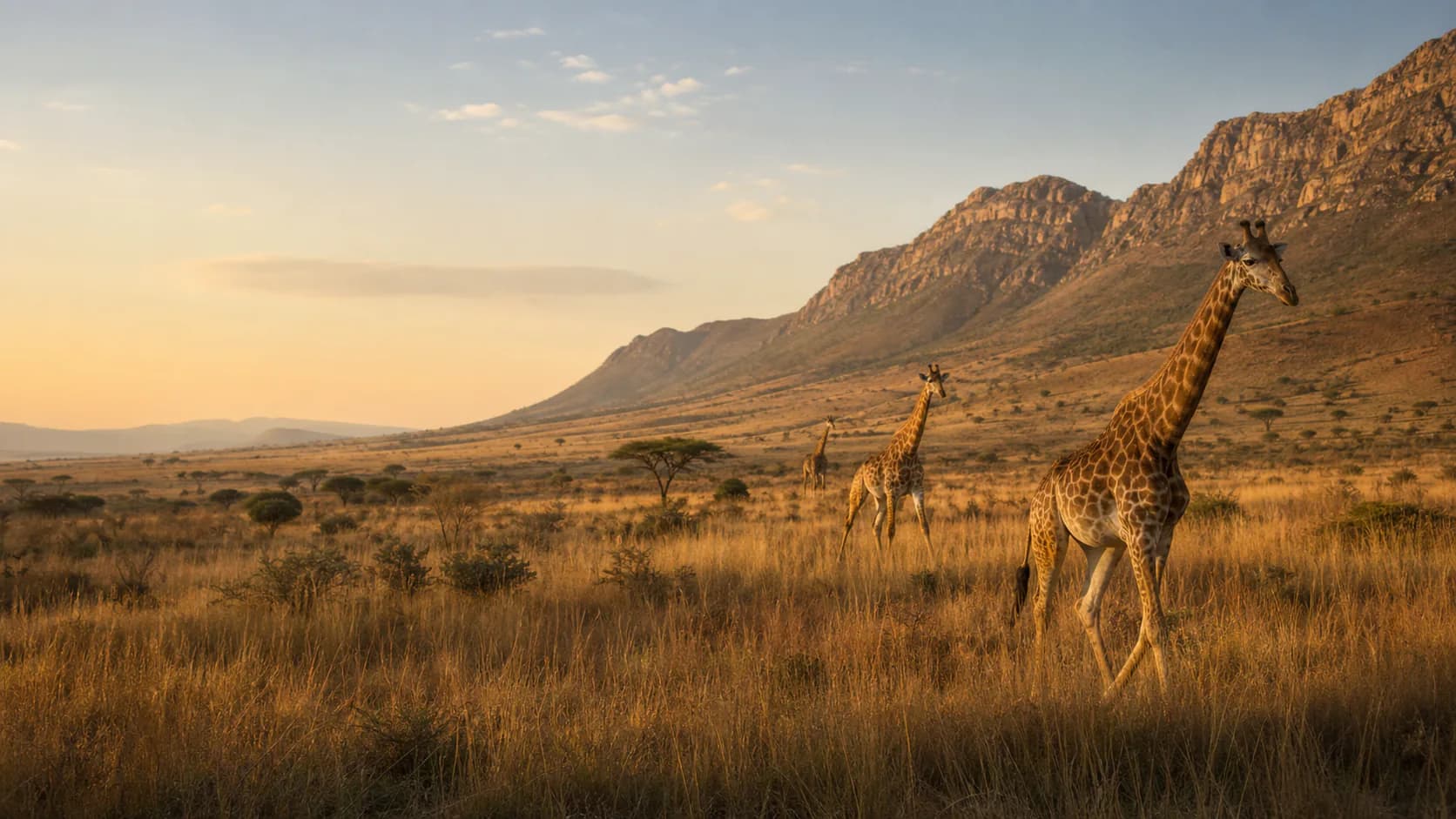 Giraffes crossing the Magalies highveld at golden hour